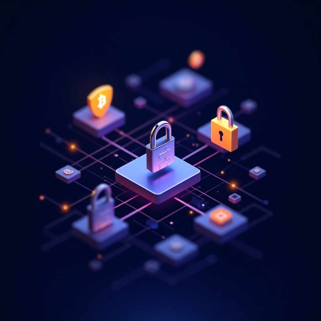 Digital visualization of cryptocurrency security concepts with blockchain and encryption elements