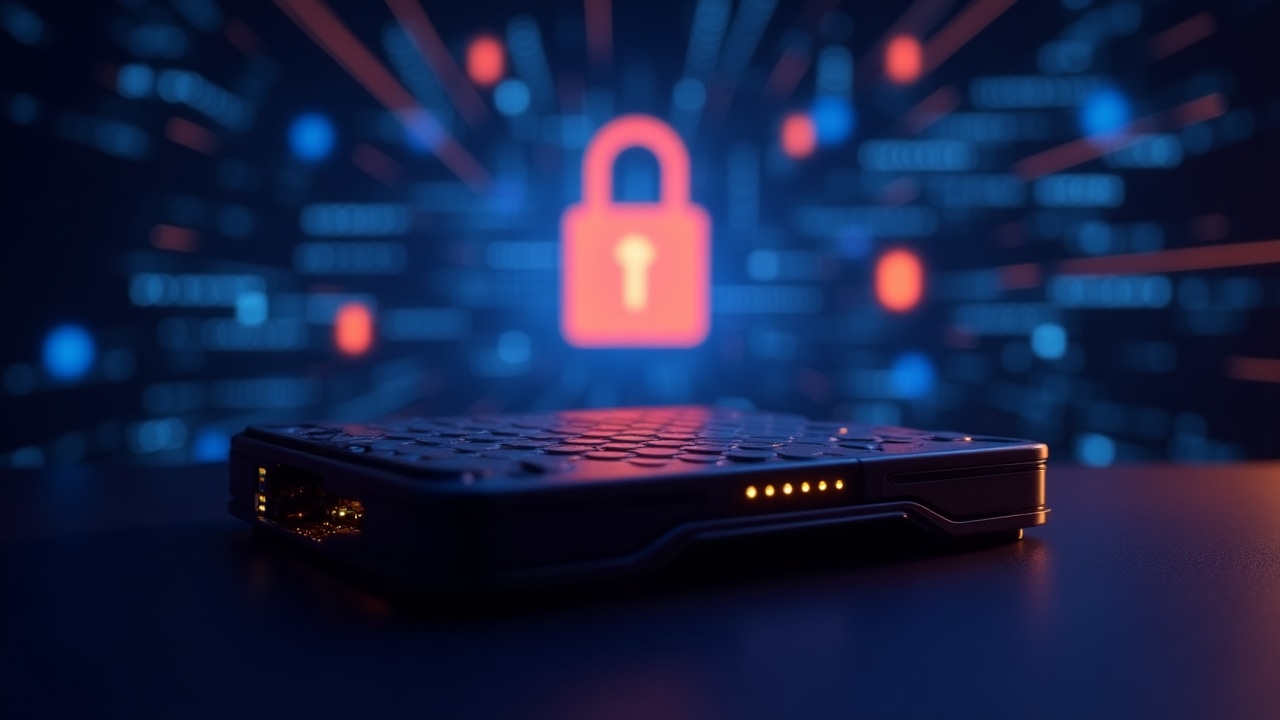 SafeVault hardware wallet device displayed with a digital security visualization